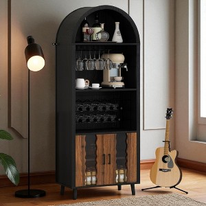 71" Farmhouse Arched Bar Cabinet, Tall Wine Liquor Bar with Wine Rack & Glass Holder, Coffee Bar Storage Cabinet for Living Room Dining Room - 1 of 4