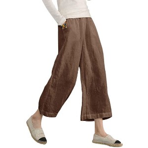 ECUPPER Womens Linen Cropped Pants Loose Casual Capri Cotton Wide Leg Plus Size Elastic Waist with Drawstring Trouses - 1 of 4
