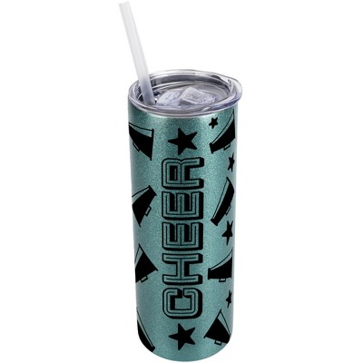 Elanze Designs Turquoise Blue 20 Ounce Double Wall Stainless Steel Glitter Travel Tumbler With Sliding Lid And Straw, Cheer