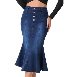Allegra K Women's Fishtail Button Front Side Pockets Midi Denim Distressed Skirt - 1 of 4