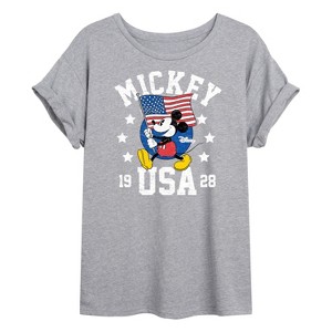 Women's - Disney - Mickey Waving Flag USA Oversized Graphic T-Shirt - 1 of 4
