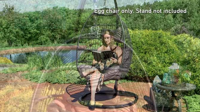 Sunnydaze Outdoor Resin Wicker Julia Hanging Basket Egg Chair Swing with Cushions and Headrest - 2pc, 2 of 12, play video