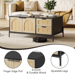 Farmhouse Rattan Coffee Table, Modern Center Table 2 Drawers Storage Cabinet and Open Shelf, Rectangle End Table with Metal Frame for Living Room - 1 of 4