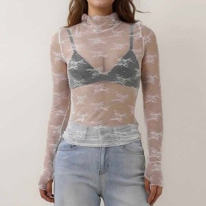 Women’s Floral Lace Slim-Fit Top – Sheer Stretch Tee with Baby Overlock Edge, Sexy & Versatile Cherie Code - 1 of 4