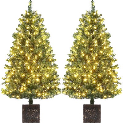 4.5 ft Pre-Lit Artificial Christmas Tree, Artificial Christmas Tree with 300 Warm White Lights and Vintage Potted Base, Easy Assembly