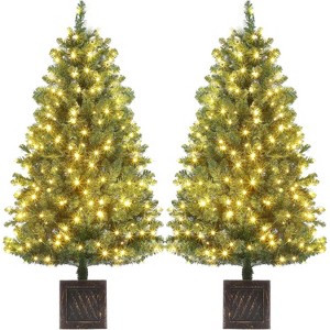 4.5 ft Pre-Lit Artificial Christmas Tree, Artificial Christmas Tree with 300 Warm White Lights and Vintage Potted Base, Easy Assembly - 1 of 4