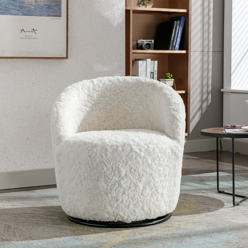 Fannie 360 Swivel 25.60 Wide Soft Touch White Artificial Rabbit Hair Fabric Tiny Upholstered Reading Chair Swivel Barrel Accent Chair Maison Boucle