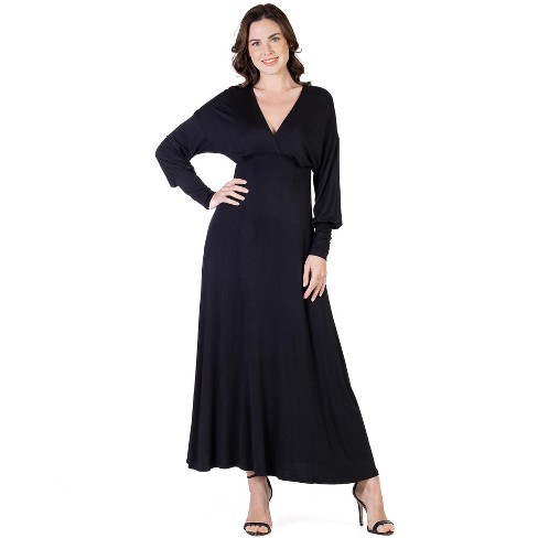 V-Neck Long Sleeve Maxi Womens Dress-BLACK-1X