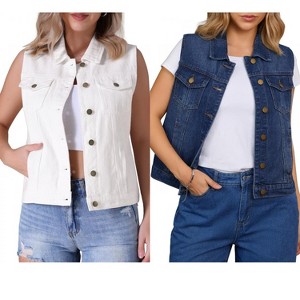 INSPIRE CHIC Women's Sleeveless Turndown Collar Button Down Chest Flap Pockets Washed Denim Vest 2 Packs - 1 of 4