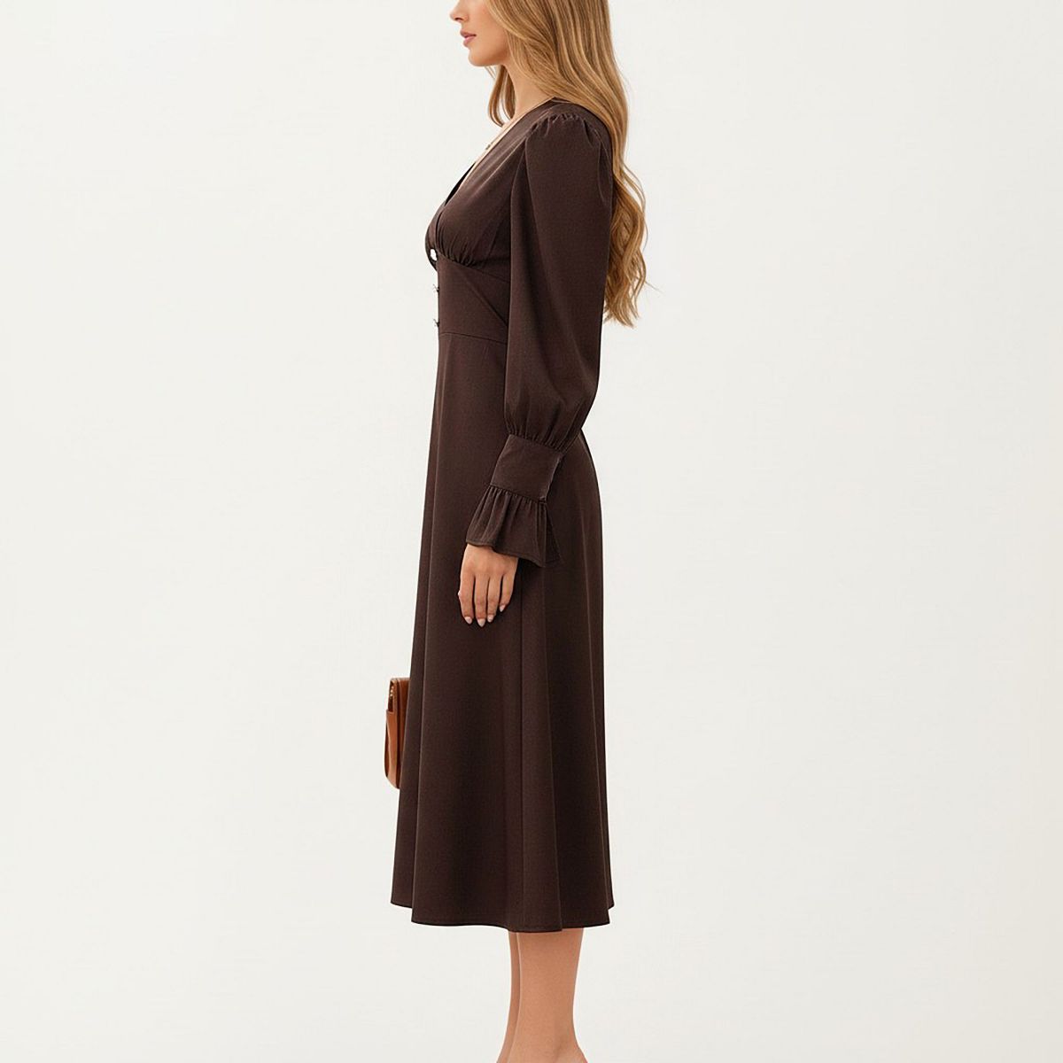 Anna-Kaci Long Sleeve V Neck Midi Dress with Button Detail and Flared Cuffs - thumbnail 4