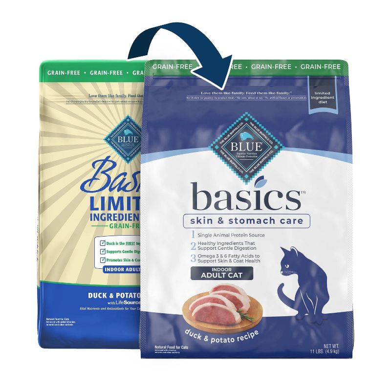 Blue Buffalo Basics Skin &#38; Stomach Care Grain Free Natural Indoor with Duck &#38; Potato Adult Dry Cat Food - 11lbs, 3 of 13