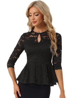 Allegra K Women's Floral Lace Keyhole Front Sheer 3/4 Sleeve Peplum Blouses