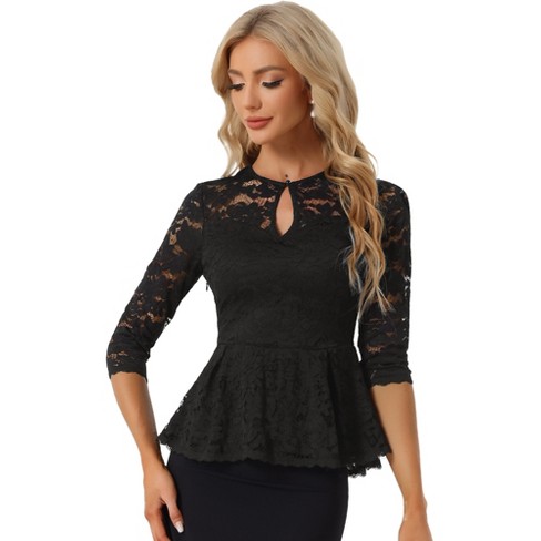 Allegra K Women's Floral Lace Keyhole Front Sheer 3/4 Sleeve Peplum Blouses  Black Small