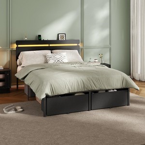 Full Size Bed Frame with Wood Headboard Black Platform Bed with 2 Storage Drawers Shelf Built in Charging Station LED Lights No Box Spring Needed - 1 of 4