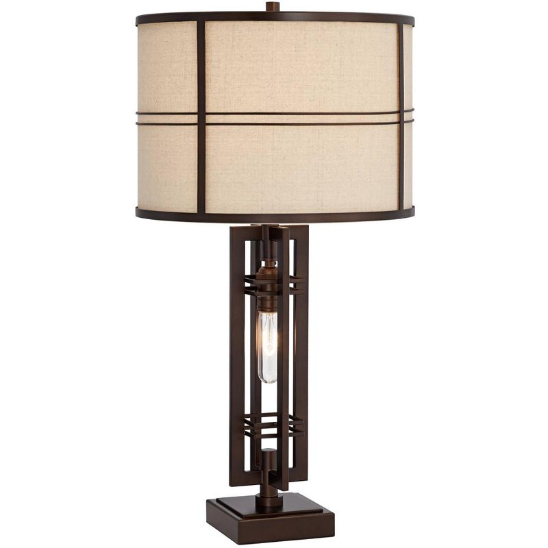 Franklin Iron Works Elias Modern Industrial Table Lamp 28" Tall Oiled Bronze with Table Top Dimmer Nightlight Off White Oatmeal Drum Shade for Bedroom, 1 of 9