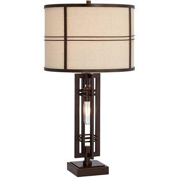 Franklin Iron Works Elias Modern Industrial Table Lamp 28" Tall Oiled Bronze with Table Top Dimmer Nightlight Off White Oatmeal Drum Shade for Bedroom