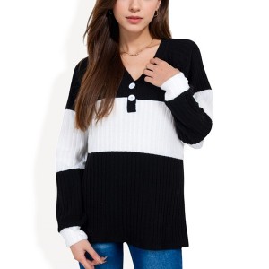 Anna-Kaci Women's Color Block Ribbed Knit Top with Button Detail and V-Neckline - 1 of 4