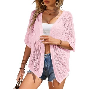Womens Short Sleeve Cardigan Beach Cover Up Hollow-Out Sweater Cardigan Batswing Sleeve Cover Up Lightweight Cardigan - 1 of 4