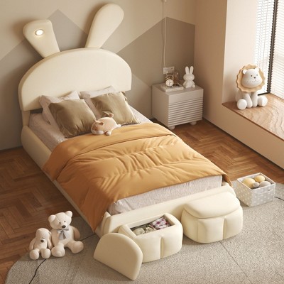 NicBex Twin/Full Size Upholstered Platform Bed with Cartoon Ears Shaped Headboard and  2 Storage Stools for Kids Teens Adults