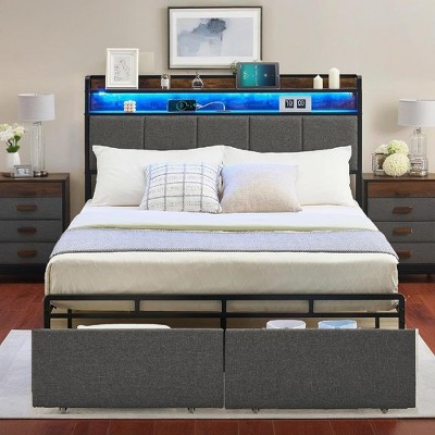 coucheta Bed Frame with Headboard and 2 Storage Drawers, Pwith Chargin Station and LED Lights