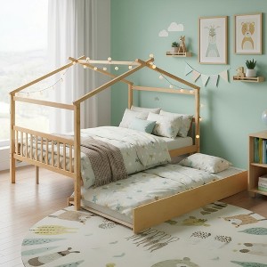 Merax Full Size Wooden House Bed Frame with Twin Size Trundle - 1 of 4