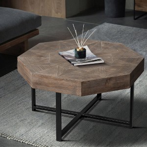 Wood Octagonal Vintage Patchwork Craft Farmhouse, 30 Inch Wooden Table Top Cross Metal Legs Coffee Table, for Living Room - 1 of 4