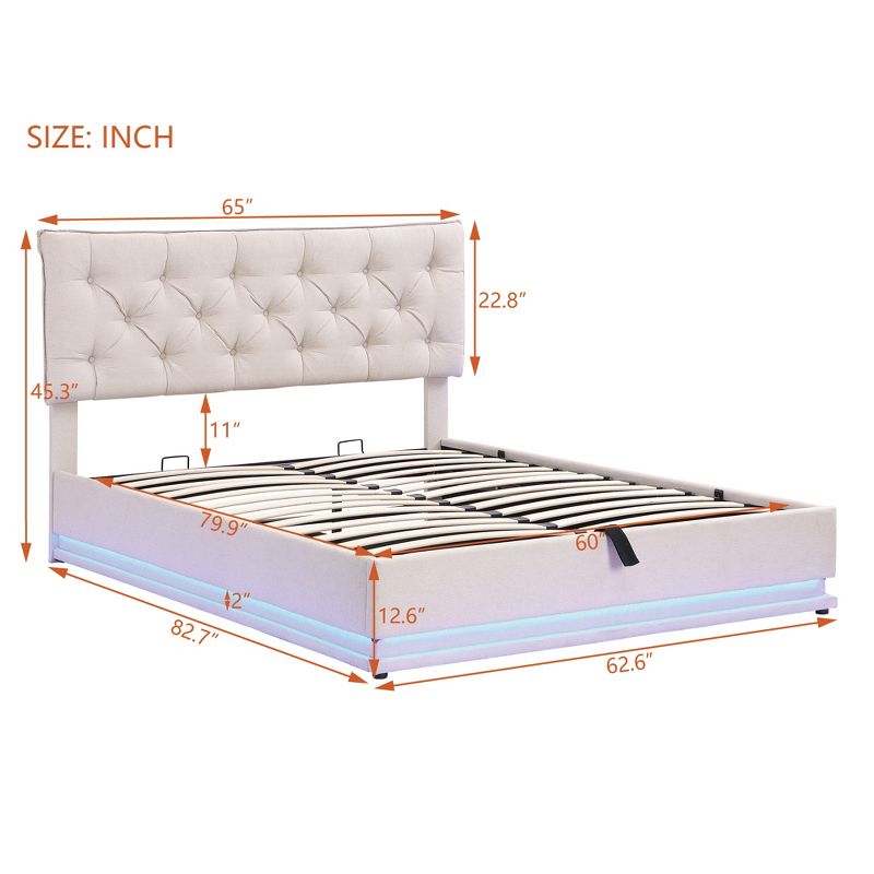 Queen/Full Size Upholstered Platform Bed with Hydraulic Storage System and LED Light-ModernLuxe, 3 of 14