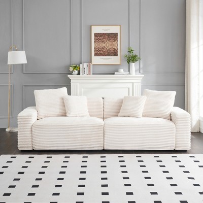 104.7'' 4-Seater Corduroy Sofa with 4 Throw Pillows, Large Living Room Couch, Soft Sponge Cushions, Orange Fabric