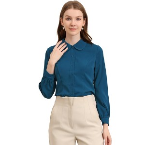 Allegra K Women's Work Peter Pan Collar Long Bishop Sleeve Button Down Shirt - 1 of 4