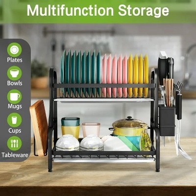 LunaLulinlk 2-Tier Dish Rack for Kitchen, Compact Dishing Rack with Utensil Holder, Cutting Board Holder, Kitchen Dishes Storage and Organizers
