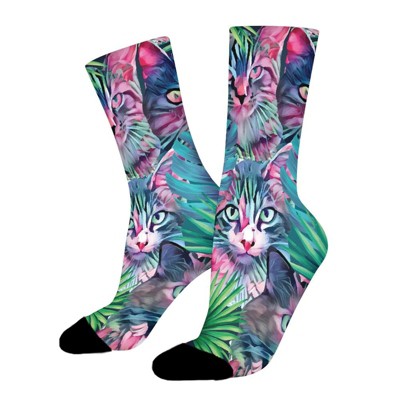 Summer Floral Cats Women Printed Crew Socks Funny Funky Socks Soft Polyester Novelty Gifts for Artists Men