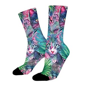 Summer Floral Cats Women Printed Crew Socks Funny Funky Socks Soft Polyester Novelty Gifts for Artists Men - 1 of 1
