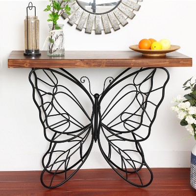 Dark Maple & Black Metal Butterfly Accent Console Table with Storage