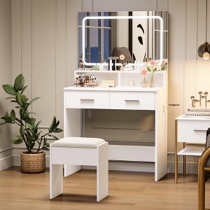 Vanity Set with 3-Color Adjustable LED Mirror, Small Makeup Desk with Power Outlet and 2 Drawers, Modern Dressing Table and Cushion Stool Set - 1 of 4
