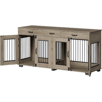 71" Double Dog Crate Furniture with 3 Storage Drawers | Wooden TV Stand & Pet Kennel with Removable Divider