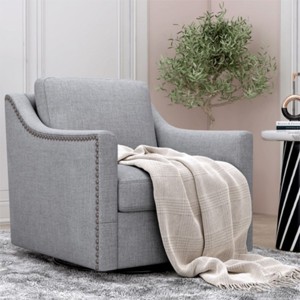 360 Degree Swivel Armchair Cotton Linen Skin-Friendly Fabric Ergonomic Design Brass Nail Decorative Armchair With Black Legs-Cuddlewood - 1 of 4