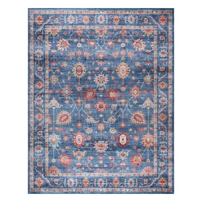 Cullen Blue Floral Border Washable Polyester Area Rug, 5' x 7'