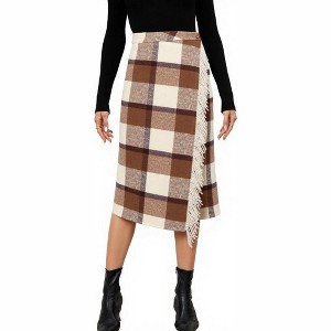 Women's Plaid Wool Midi Skirt - Fringed A-Line Wrap Style for Fall & Winter Brown - 1 of 4