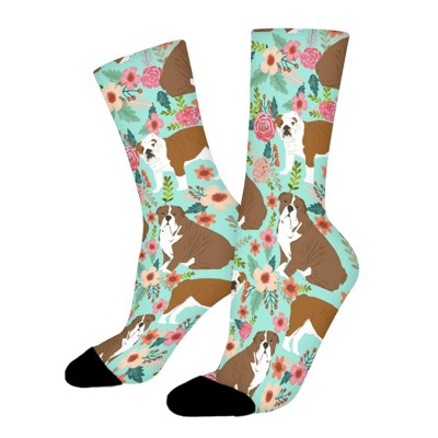 English Bulldog Florals Flower Women Printed Crew Socks Funny Funky Socks Soft Polyester Novelty Gifts for Artists Men