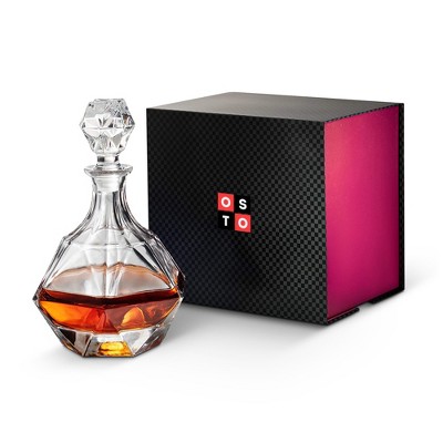 OSTO Diamond-Shaped Whiskey Decanter; European Style Alchohol Glass Decanter; 32 Oz. Wine Glass Bottle Includes Stopper and Gift Box BPA-Free