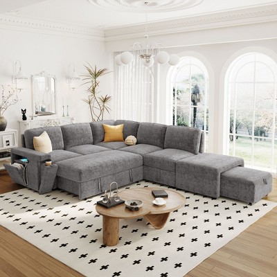 NicBex Couches for Living Room L-shaped Sectional Sofa Upholstered Sofa Couch with Storage Space,  USB Ports, and Cup Holders on the Armrests
