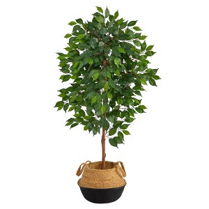 Nearly Natural 4-ft Ficus Artificial Tree in Boho Chic Handmade Cotton & Jute Black Woven Planter - 1 of 4