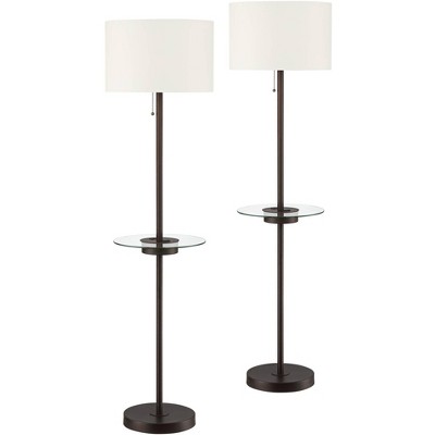 360 Lighting Modern Floor Lamps Set of 2 with Tray Table USB Charging Port Bronze Metal Off White Fabric Drum Shades Living Room