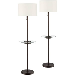 360 Lighting Caper Modern Floor Lamps with Tray Table 60 1/2" Tall Set of 2 Bronze USB and Outlet Off White Fabric Drum Shade for Living Room Bedroom - 1 of 4