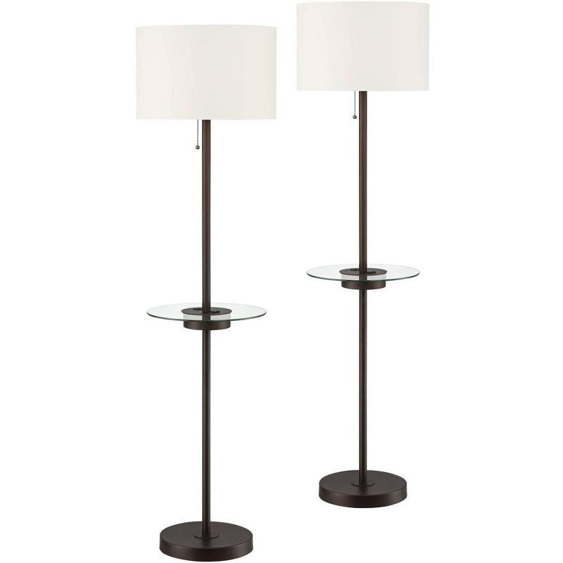 360 Lighting Caper Modern Floor Lamps with Tray Table 60 1/2" Tall Set of 2 Bronze USB and Outlet Off White Fabric Drum Shade for Living Room Bedroom, 1 of 10
