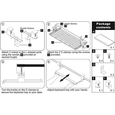 Large Black Adjustable Clamp-On Under Desk Keyboard Tray