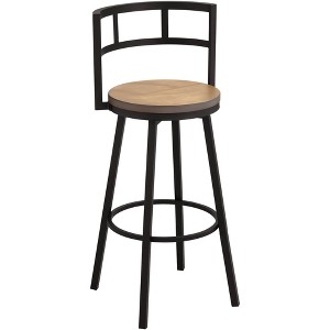 Elm Lane Latham Matte Black Swivel Bar Stool 25 1/4" High Industrial Roark Gray Wood Seat with Backrest Footrest for Kitchen Counter Height Island - 1 of 4