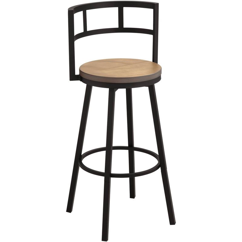 Elm Lane Latham Matte Black Swivel Bar Stool 25 1/4" High Industrial Roark Gray Wood Seat with Backrest Footrest for Kitchen Counter Height Island, 1 of 10