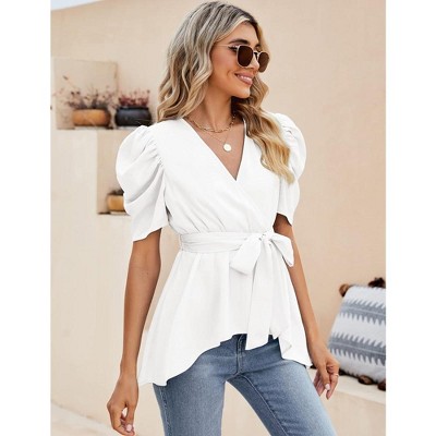 Peplum Tops for Women Dressy Sexy Deep V Neck Belted Tie Blouses Empire Waist Wrap Blouse Short Puff Sleeve