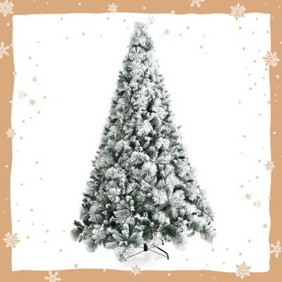 Tangkula 6/7/8ft Snow Flocked Christmas Tree Full-bodied Hinged Xmas Tree w/ Glittery Pine Cones Holiday Festival Supplies